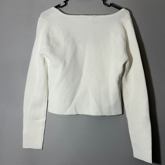 And Now This Ribbed Knit Top Square Neck Long Sleeve Cropped White Size L NWT - Picture 3 of 6